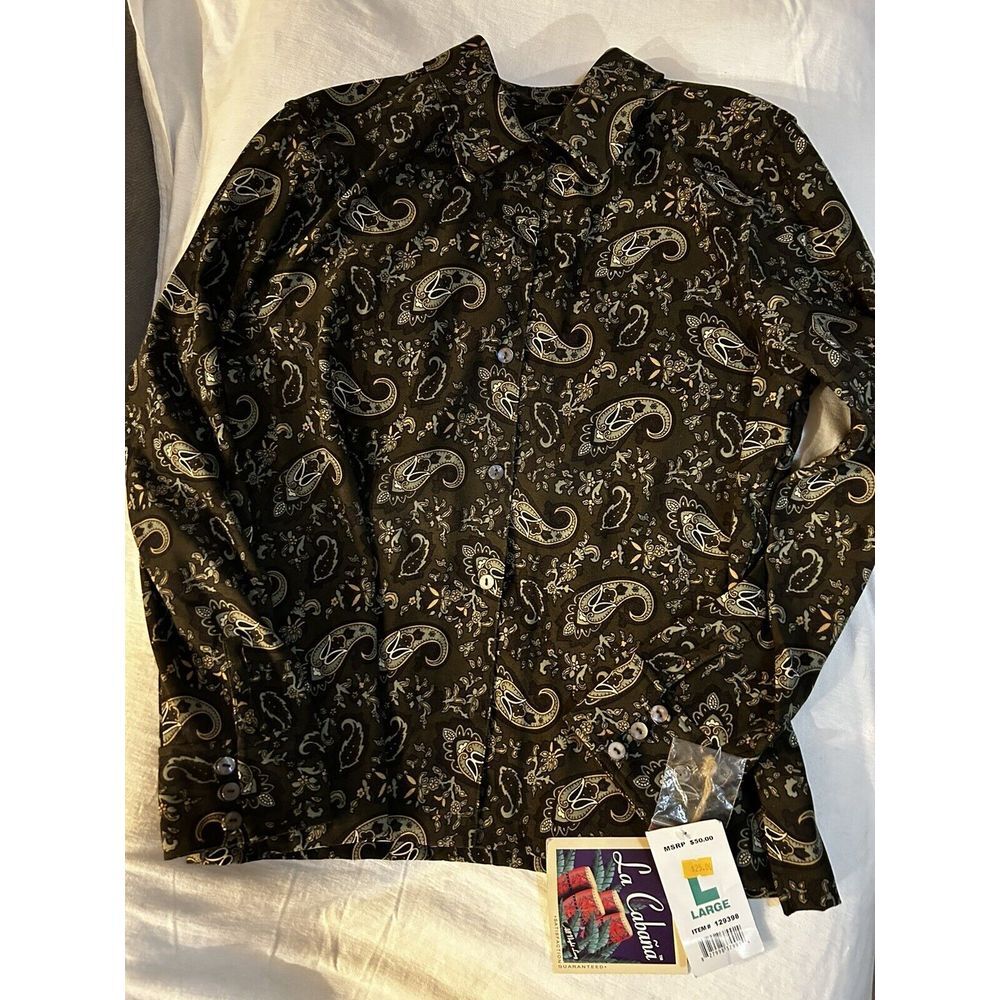 NEW La Cabana Women's Button Up Shirt Green Paisley Print Long Sleeve Blouse Lg